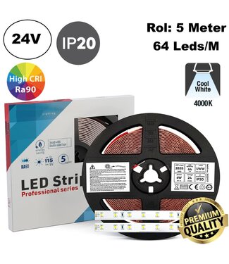 Premium Led Strip ROL 5 Meter 2835SMD, CRI90, 6w/m, 64 led/m, 720Lm/m, 4000K Neutraal wit, 24v, IP20, 10mm, 3 Jaar garantie