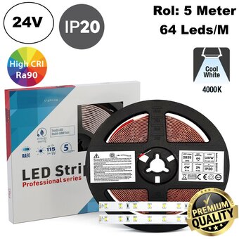 Premium Led Strip ROL 5 Meter 2835SMD, CRI90, 6w/m, 64 led/m, 720Lm/m, 4000K Neutraal wit, 24v, IP20, 10mm, 3 Jaar garantie