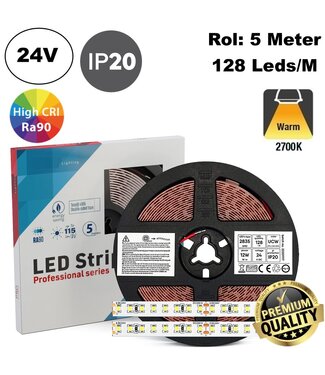 Premium Led Strip ROL 5 Meter 2835SMD, CRI90, 12w/m, 128 led/m, 1320Lm/m, 2700K Warm wit, 24v, IP20, 10mm, 3 Jaar garantie