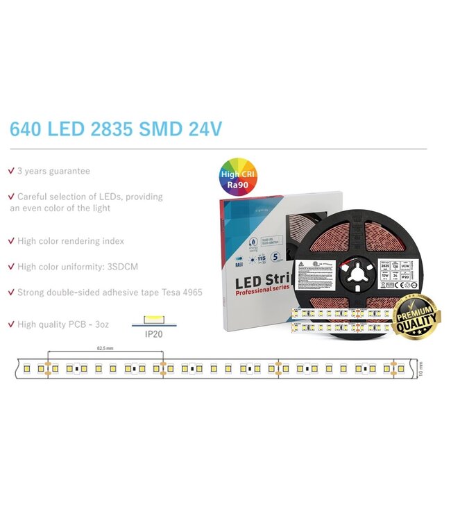 Premium Led Strip ROL 5 Meter 2835SMD, CRI90, 12w/m, 128 led/m, 1380Lm/m, 3000K Warm wit, 24v, IP20, 10mm, 3 Jaar garantie