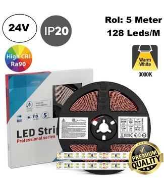 Premium Led Strip ROL 5 Meter 2835SMD, CRI90, 12w/m, 128 led/m, 1380Lm/m, 3000K Warm wit, 24v, IP20, 10mm, 3 Jaar garantie