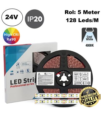 Premium Led Strip ROL 5 Meter 2835SMD, CRI90, 12w/m, 128 led/m, 1440Lm/m, 4000K Neutraal wit, 24v, IP20, 10mm, 3 Jaar garantie