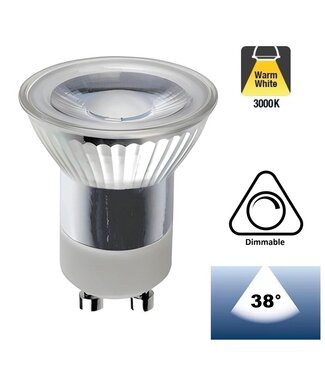 MR11 (35mm) GU10 LED Spot 3w, 300 Lumen, 3000K Warm Wit, Glas, Dimbaar, Lichthoek: 38°, 2 Jaar Garantie
