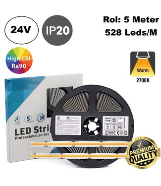 Premium Led Strip ROL 5 Meter COB, CRI90, 10w/m, 528 led/m, 850Lm/m, 2700K Warm wit, 24v, IP20, 10mm, 3 Jaar garantie