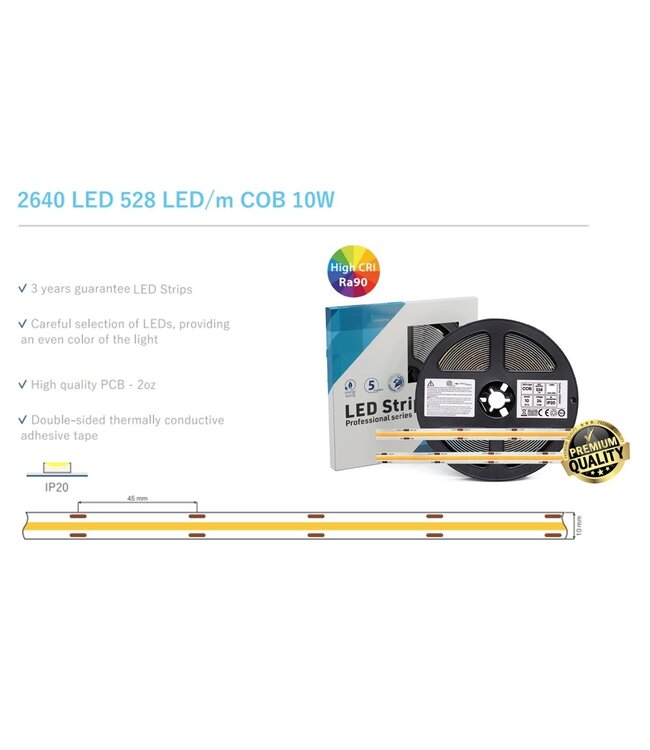 Premium Led Strip ROL 5 Meter COB, CRI90, 10w/m, 528 led/m, 950Lm/m, 4000K Neutraal wit, 24v, IP20, 10mm, 3 Jaar garantie