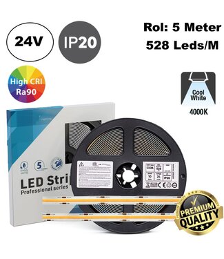 Premium Led Strip ROL 5 Meter COB, CRI90, 10w/m, 528 led/m, 950Lm/m, 4000K Neutraal wit, 24v, IP20, 10mm, 3 Jaar garantie