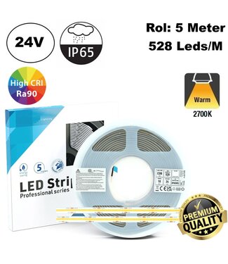 Premium Led Strip ROL 5 Meter COB, CRI90, 10w/m, 528 led/m, 800Lm/m, 2700K Warm wit, 24v, IP65, 10mm, 3 Jaar garantie