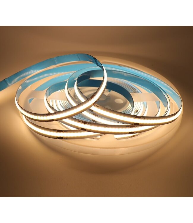 Premium Led Strip ROL 5 Meter COB, CRI90, 10w/m, 528 led/m, 850Lm/m, 3000K Warm wit, 24v, IP65, 10mm, 3 Jaar garantie