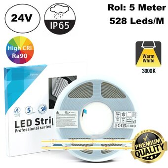 Premium Led Strip ROL 5 Meter COB, CRI90, 10w/m, 528 led/m, 850Lm/m, 3000K Warm wit, 24v, IP65, 10mm, 3 Jaar garantie
