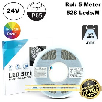 Premium Led Strip ROL 5 Meter COB, CRI90, 10w/m, 528 led/m, 900Lm/m, 4000K Neutraal wit, 24v, IP65, 10mm, 3 Jaar garantie