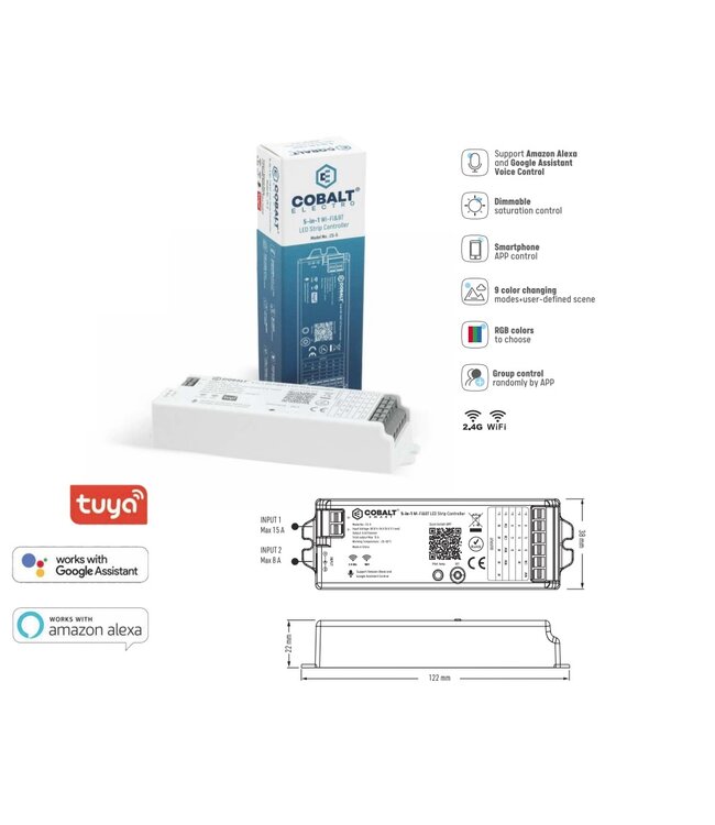 UITVERKOOP: Cobalt Smart Wifi LED Strip Controller 12v (180w) - 24v (360w), Single / CCT/ RGB/ RGBW/ RGBCCT LED Strips (5in1), Werkt via TUYA App / Google Assistant / Amazon Alexa