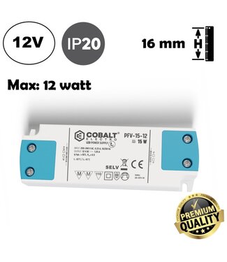 Cobalt Premium Led Strip voeding 12V/15W/1,25A, Max: 12w, Afm:103x35.5x16mm, 3 Jaar Garantie