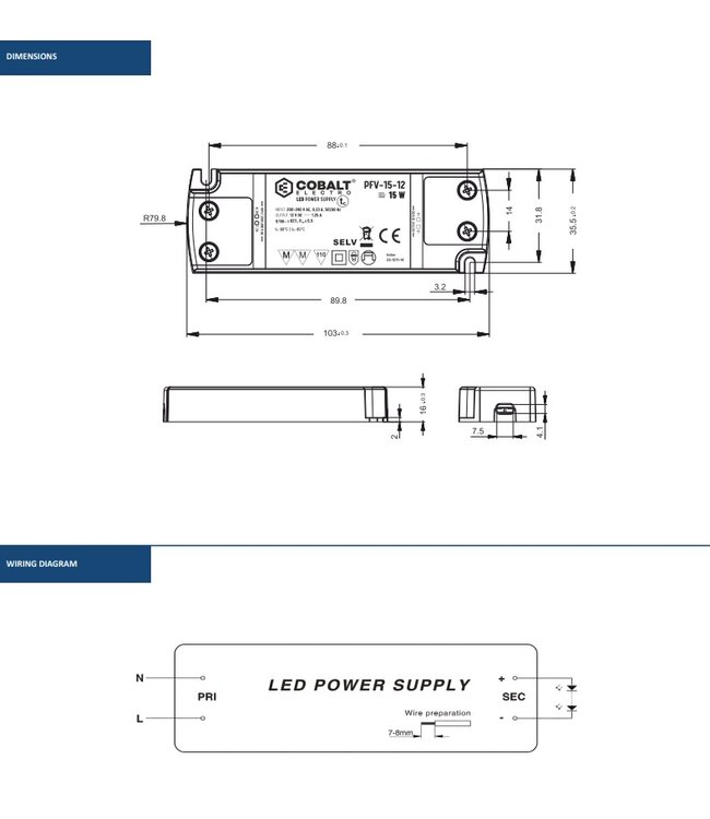 Cobalt Premium Led Strip voeding 12V/15W/1,25A, Max: 12w, Afm:103x35.5x16mm, 3 Jaar Garantie