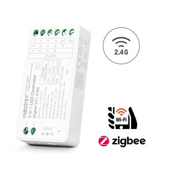 Miboxer Zigbee 3.0 + 2.4 Ghz, 3 in 1 LED Strip Controller RGB / RGB+W / RGB+CCT 12-24VDC, 12A, Werkt via Zigbee 3.0 / App / Wifi / 2.4Ghz