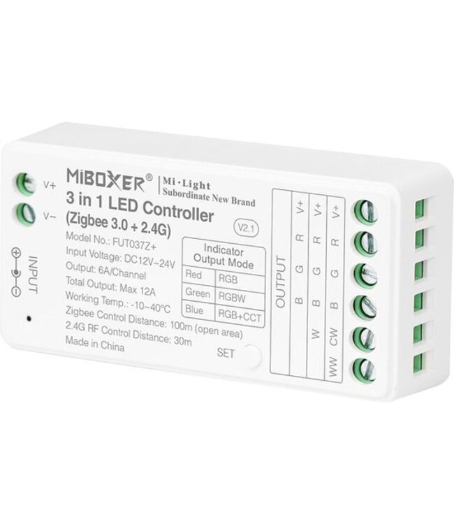 Miboxer Zigbee 3.0 + 2.4 Ghz, 3 in 1 LED Strip Controller RGB / RGB+W / RGB+CCT 12-24VDC, 12A, Werkt via Zigbee 3.0 / App / Wifi / 2.4Ghz