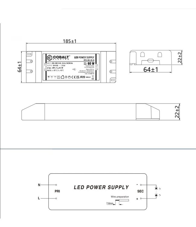 Cobalt Premium Led Strip voeding 12V/60W/5A, Max: 48w, Afm:185x64x22 mm. 3 Jaar Garantie