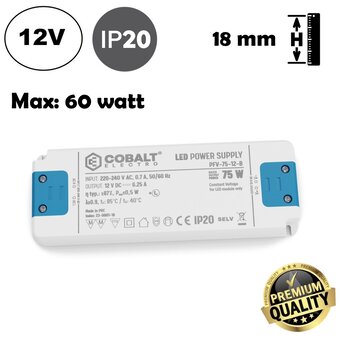 Cobalt Premium Led Strip voeding 12V/75W/6,25A, Max: 60w, Afm:160x58x18 mm, 3 Jaar Garantie