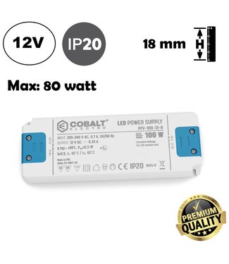 Cobalt Premium Led Strip voeding 12V/100W/8,33A, Max: 80w, Afm:160x58x18 mm, 3 Jaar Garantie