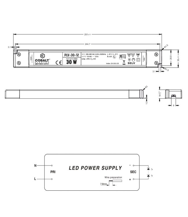 Cobalt LongSlim Premium Led Strip voeding 12V/30W/2,5A, Max: 24w, Afm:251x30x16 mm, 3 Jaar Garantie