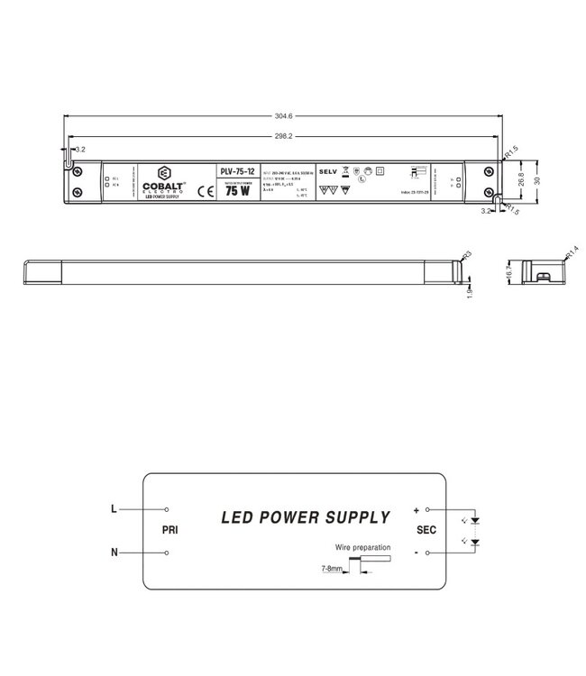 Cobalt LongSlim Premium Led Strip voeding 12V/75W/6,25A, Max: 60w, Afm:304,6x30x16,7 mm, 3 Jaar Garantie