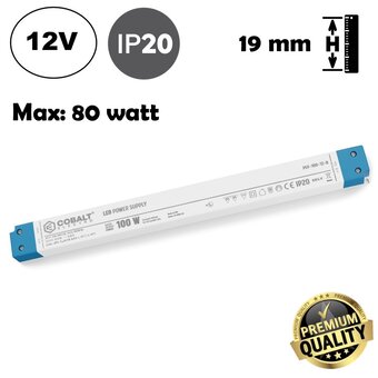 Cobalt LongSlim Premium Led Strip voeding 12V/100W/8,33A, Max: 80w, Afm:320,6x30x18,2 mm, 3 Jaar Garantie