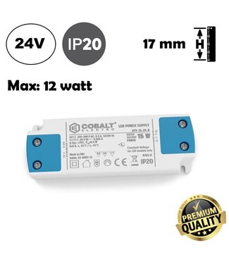 Cobalt Premium Led Strip voeding 24V/15W/0,62A, Max: 12w, Afm:103x35.5x16mm, 3 Jaar Garantie