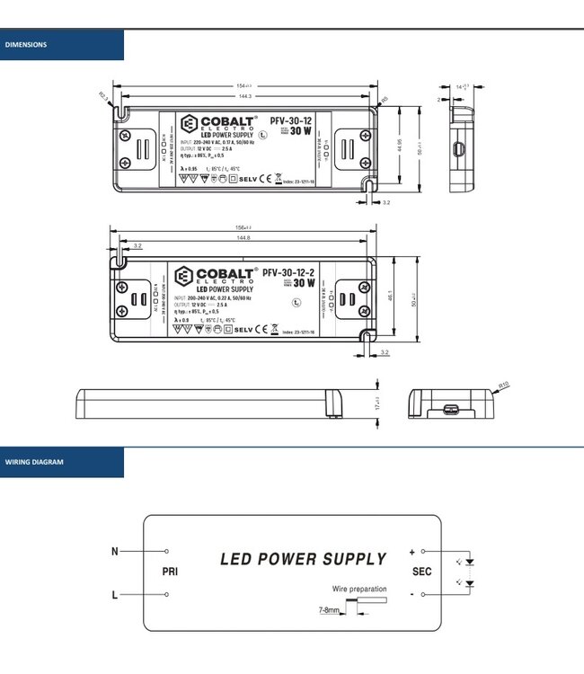 Cobalt Premium Led Strip voeding 24V/30W/1,25A, Max: 24w, Afm:160x58x18mm, 3 Jaar Garantie