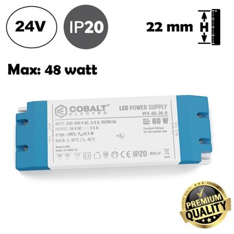 Cobalt Premium Led Strip voeding 24V/60W/2,5A, Max: 48w, Afm:185x64x22mm, 3 Jaar Garantie