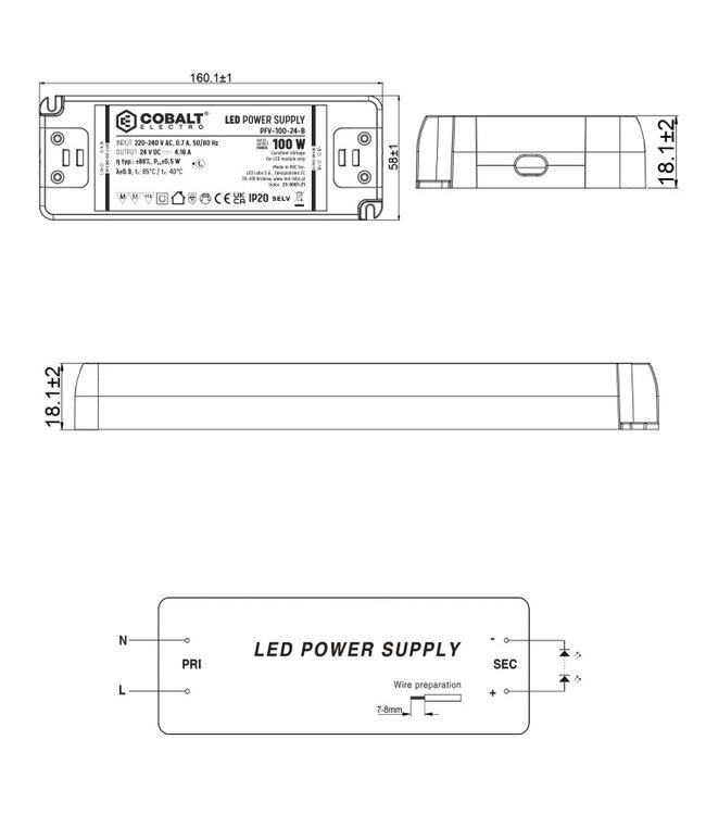 Cobalt Premium Led Strip voeding 24V/100W/4,16A, Max: 80w, Afm:160x58x18mm, 3 Jaar Garantie