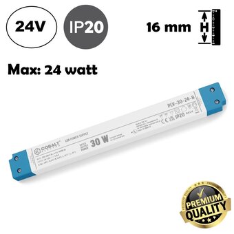 Cobalt LongSlim Premium Led Strip voeding 24V/30W/1,25A, Max: 24w, Afm:251x30x16 mm, 3 Jaar Garantie