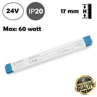 Cobalt LongSlim Premium Led Strip voeding 24V/75W/3,25A, Max: 60w, Afm:305x30x17 mm, 3 Jaar Garantie