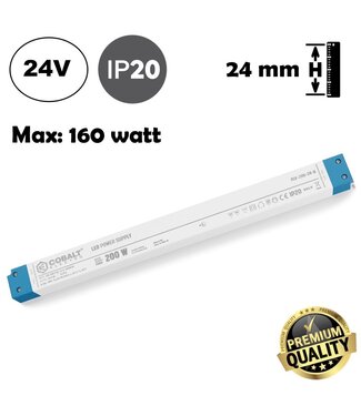Cobalt LongSlim Premium Led Strip voeding 24V/200W/8,33A, Max: 160w, Afm:360x32x24 mm, 3 Jaar Garantie