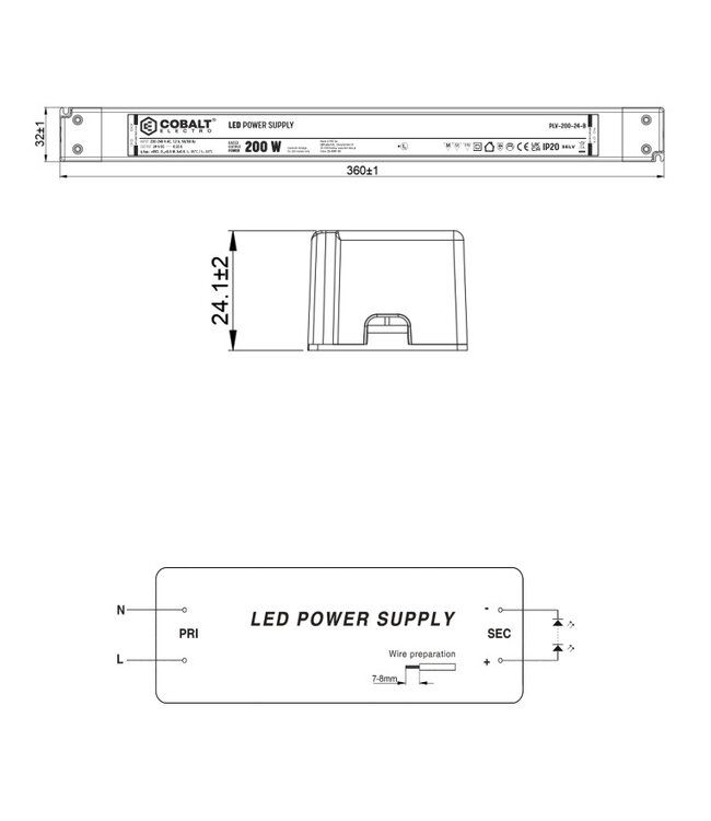 Cobalt LongSlim Premium Led Strip voeding 24V/200W/8,33A, Max: 160w, Afm:360x32x24 mm, 3 Jaar Garantie