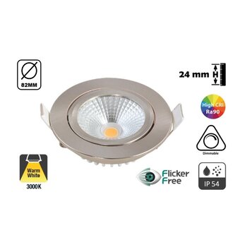 Inbouw LED Spot 5w Flat, 450 Lumen, 3000K, Kantelbaar, IP44, Dimbaar, CRI90, Staal Armatuur, Gatmaat 72mm, 2 Jaar Garantie