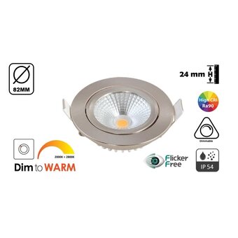 Inbouw LED Spot 5w Flat, 450 Lumen, Dim To Warm, Kantelbaar, IP44, Dimbaar, CRI90, Staal Armatuur, Gatmaat 72mm, 2 Jaar Garantie