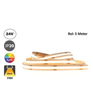 PRIME Led Strip ROL 5 Meter COB, 8w/m, 320 led/m, 800Lm/m, 2700K Warm wit, CRI90, 24v, IP20, 8mm, 2 Jaar garantie