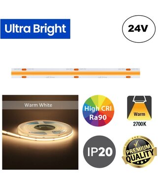 PRIME Ultra Bright Led Strip ROL 5 Meter COB, 18w/m, 480 led/m, 1440Lm/m, 2700K Warm wit, CRI90, 24v, IP20, 10mm, 3 Jaar garantie