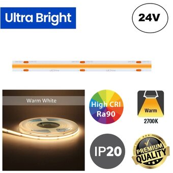 PRIME Ultra Bright Led Strip ROL 5 Meter COB, 18w/m, 480 led/m, 1440Lm/m, 2700K Warm wit, CRI90, 24v, IP20, 10mm, 3 Jaar garantie