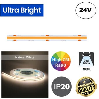 PRIME Ultra Bright Led Strip ROL 5 Meter COB, 18w/m, 480 led/m, 1520Lm/m, 4000K Neutraal wit, CRI90, 24v, IP20, 10mm, 3 Jaar garantie