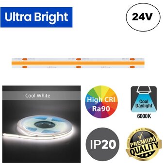 PRIME Ultra Bright Led Strip ROL 5 Meter COB, 18w/m, 480 led/m, 1520Lm/m, 6500K Daglicht wit, CRI90, 24v, IP20, 10mm, 3 Jaar garantie