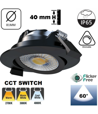 Inbouw LED Spot 6w Luxe, 600 Lumen, CCT Switch (2700K/3000K/4000K), Kantelbaar, IP65, Dimbaar, Zwart Armatuur, Gatmaat 70mm, 3 Jaar Garantie