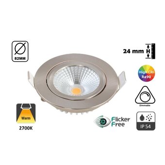 Inbouw LED Spot 5w Flat, 450 Lumen, 2700K, Kantelbaar, IP44, Dimbaar, CRI90, Staal Armatuur, Gatmaat 72mm, 2 Jaar Garantie