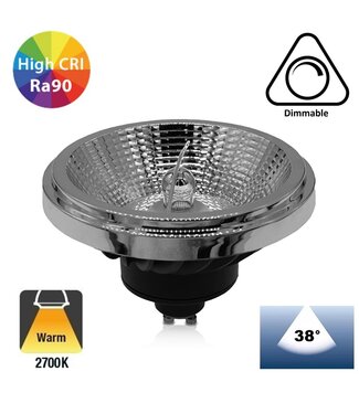 GU10 AR111 LED Spot 15w Zwart, 1050 Lumen, 2700K Warm Wit, 38°,  CRI90, Dimbaar, 2 Jaar Garantie