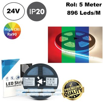 Premium Led Strip ROL 5 Meter COB, 16w/m, 896 led/m, RGB+ Warm Wit (3000K), CRI90, 24v, IP20, 12mm, 3 Jaar garantie