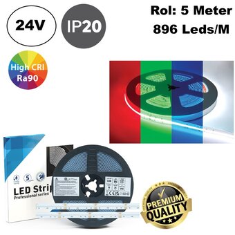 Premium Led Strip ROL 5 Meter COB, 16w/m, 896 led/m, RGB+ Neutraal Wit (4000K), CRI90, 24v, IP20, 12mm, 3 Jaar garantie
