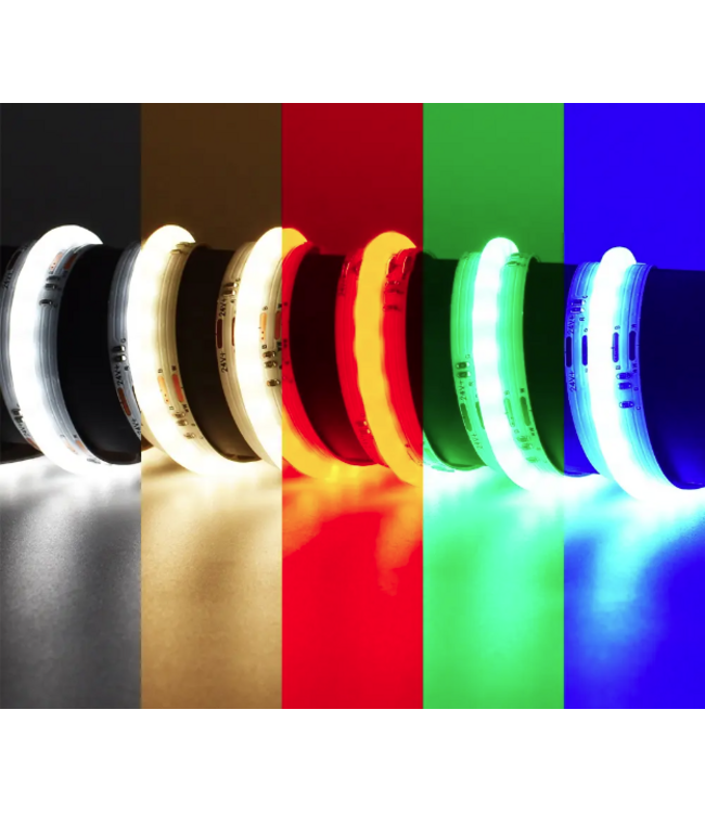 Premium Led Strip ROL 5 Meter COB, 16w/m, 840 led/m, RGB+CCT (2700K>6500K), CRI90, 24v, IP20, 12mm, 3 Jaar garantie