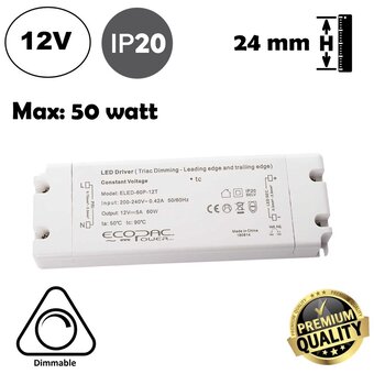 ECOPAC TRIAC Dimming Led Strip voeding 12V/60W/5A, Max: 50w, Dimbaar, Afm:178x61x24mm, 2 Jaar Garantie