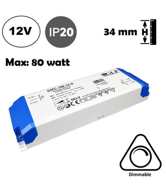 GLP TRIAC Dimming Led Strip voeding 12V/100W/8,3A, Max: 80w, Dimbaar, Afm:210x67x34mm, 2 Jaar Garantie