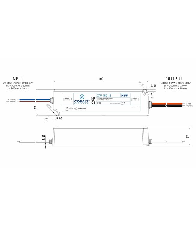 Cobalt Premium IP67 Waterproof Led Strip voeding 12V/144W/12A, Max: 115w, Afm:190x52x37 mm, 3 Jaar Garantie