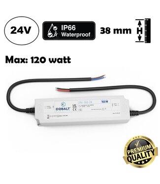 Cobalt Premium IP67 Waterproof Led Strip voeding 24V/150W/6,25A, Max: 120w, Afm:190x52x37 mm, 3 Jaar Garantie